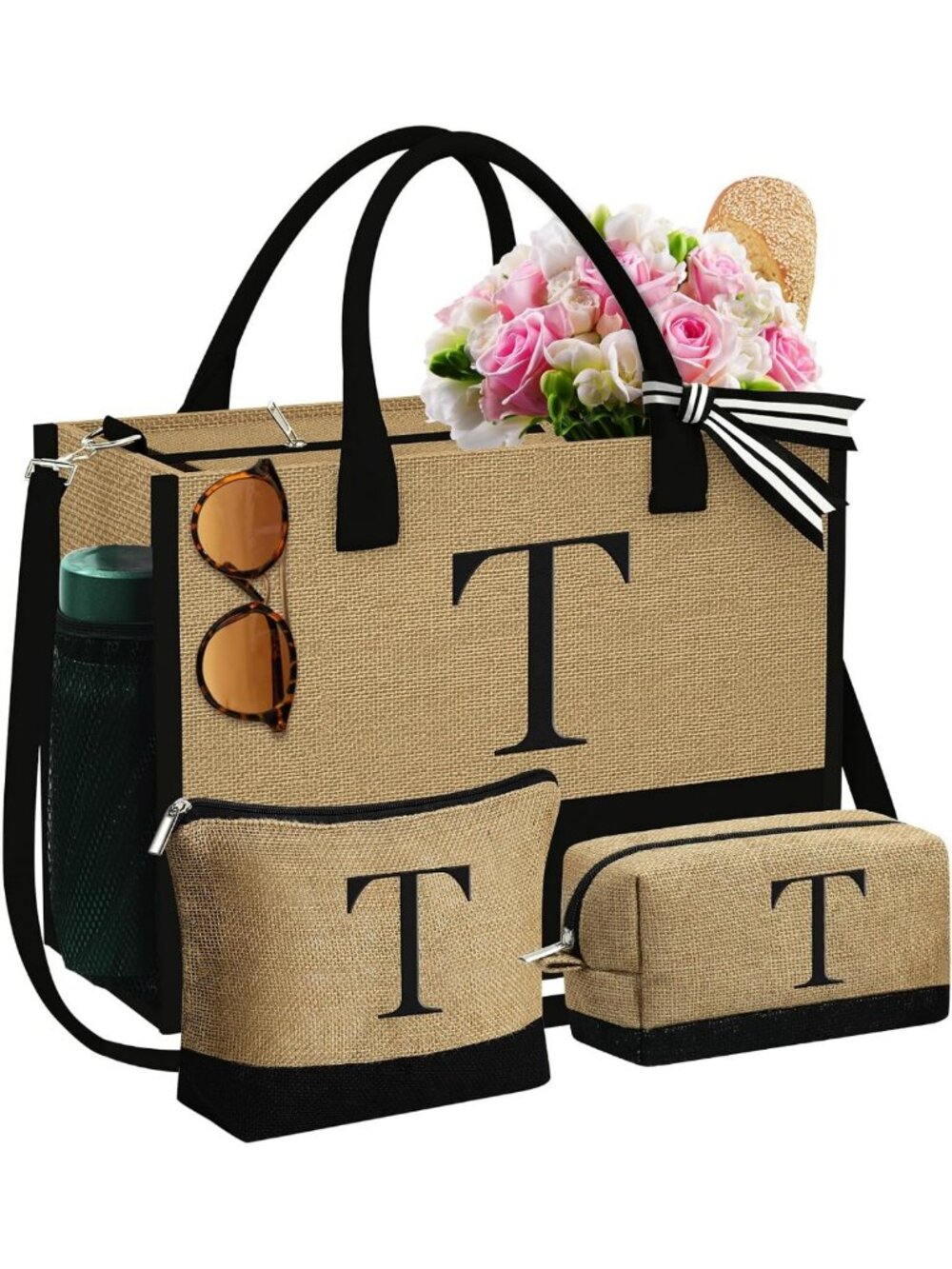 Personalized Jute Tote Bag & 2 Makeup Bags for Women - Unique Gift Idea